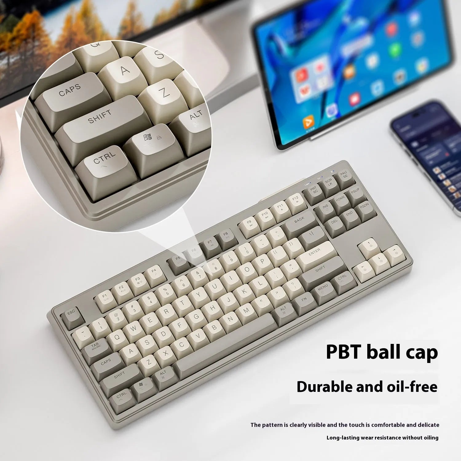 Wolf M87 wireless Bluetooth dual-mode mechanical keyboard in blueberry colour on a wooden desk.