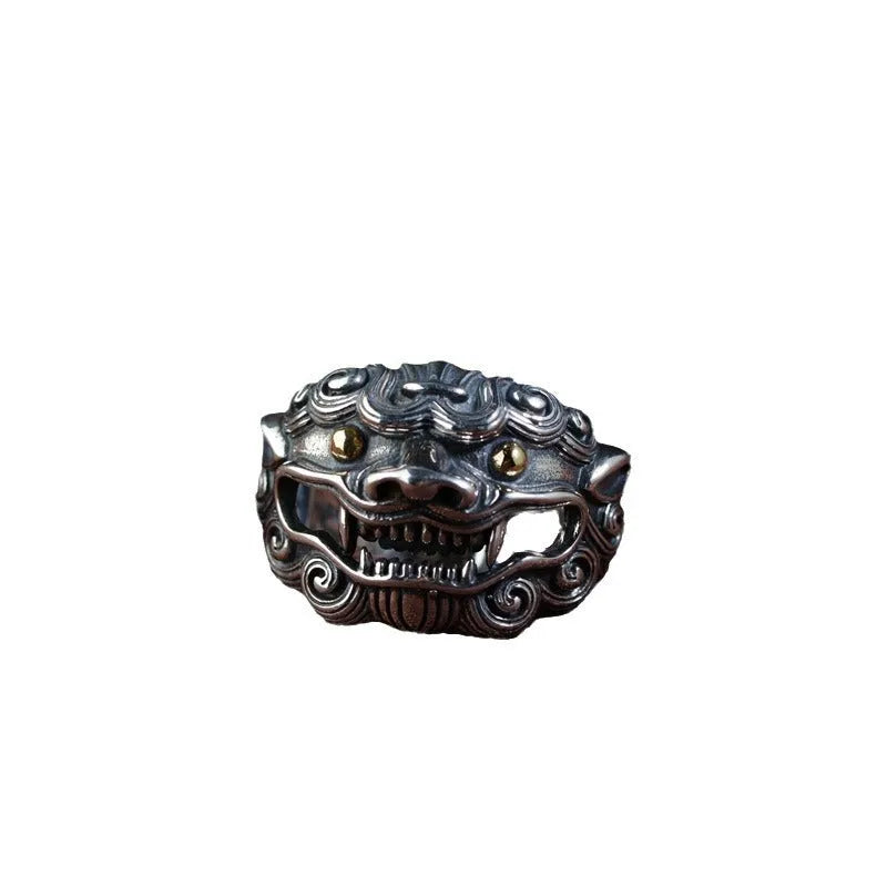 Silver open ring with detailed Jibeast and zodiac animal pattern, shown on a hand.