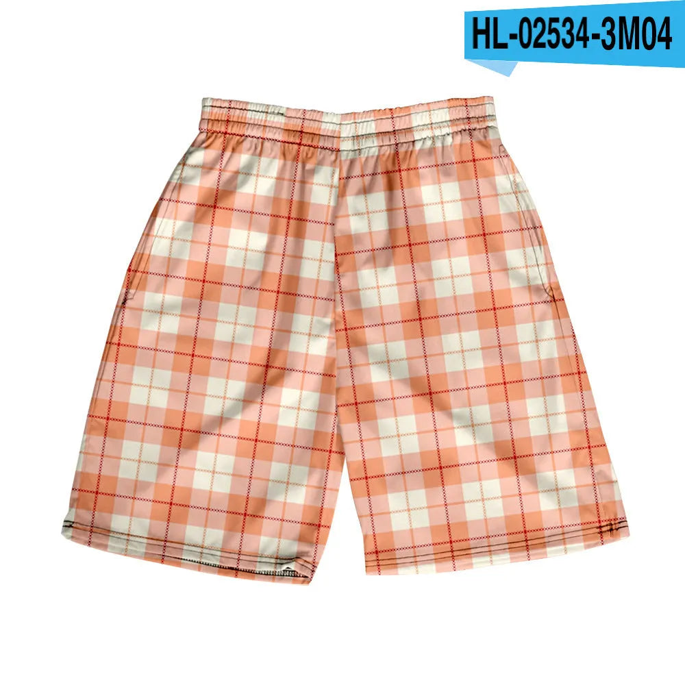 Man wearing plaid print straight-leg shorts with an elastic waistband, showing multiple colour options.