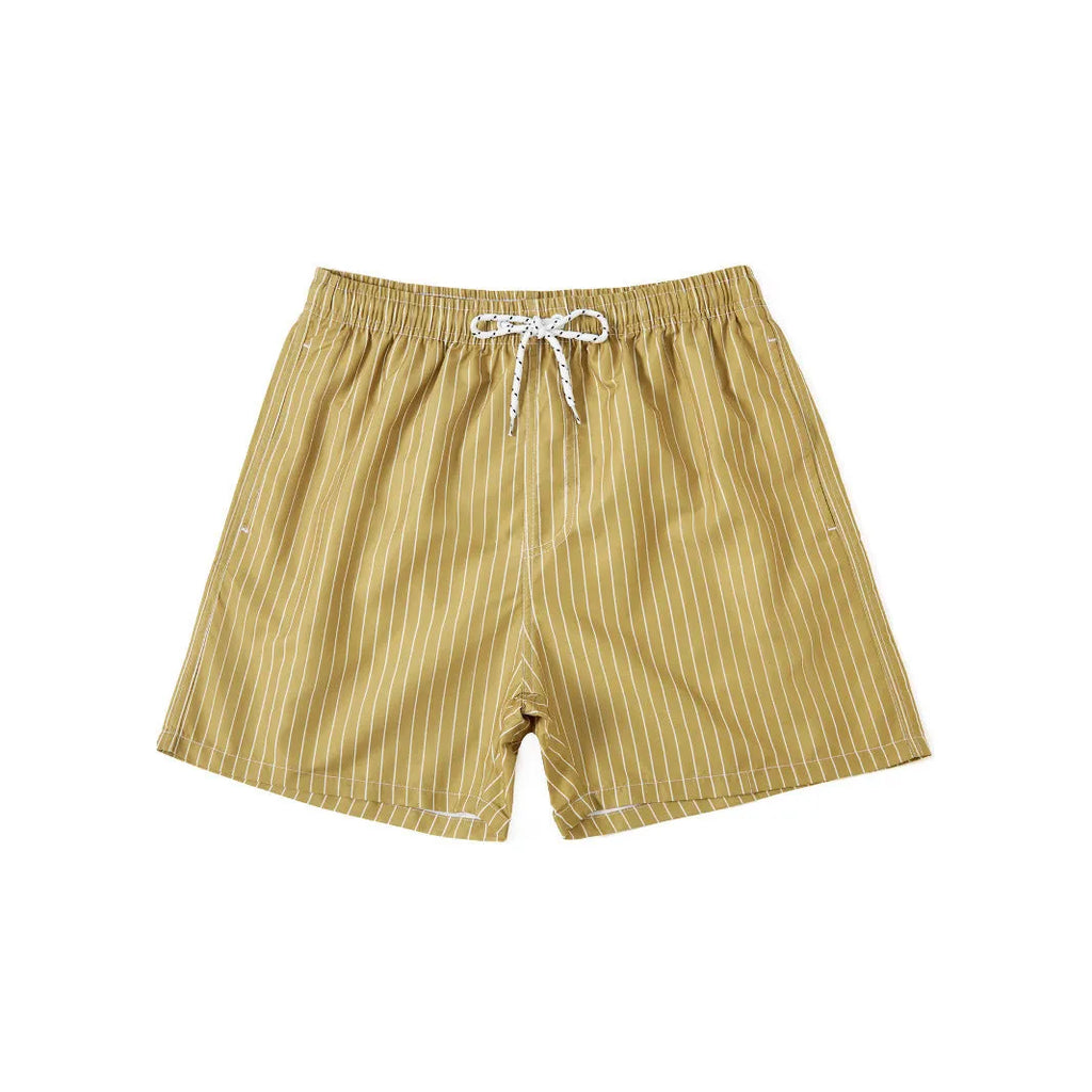 Men's navy blue and grey striped polyester beach shorts with a straight leg cut, laid flat.