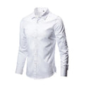 Man's loose fit linen long sleeve shirt in a slim, trendy style on a hanger.