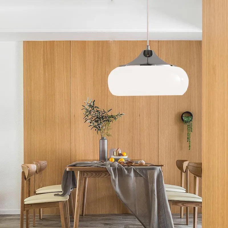 Milk white Bauhaus pendant light with three egg tart-shaped glass shades for bedroom or dining room