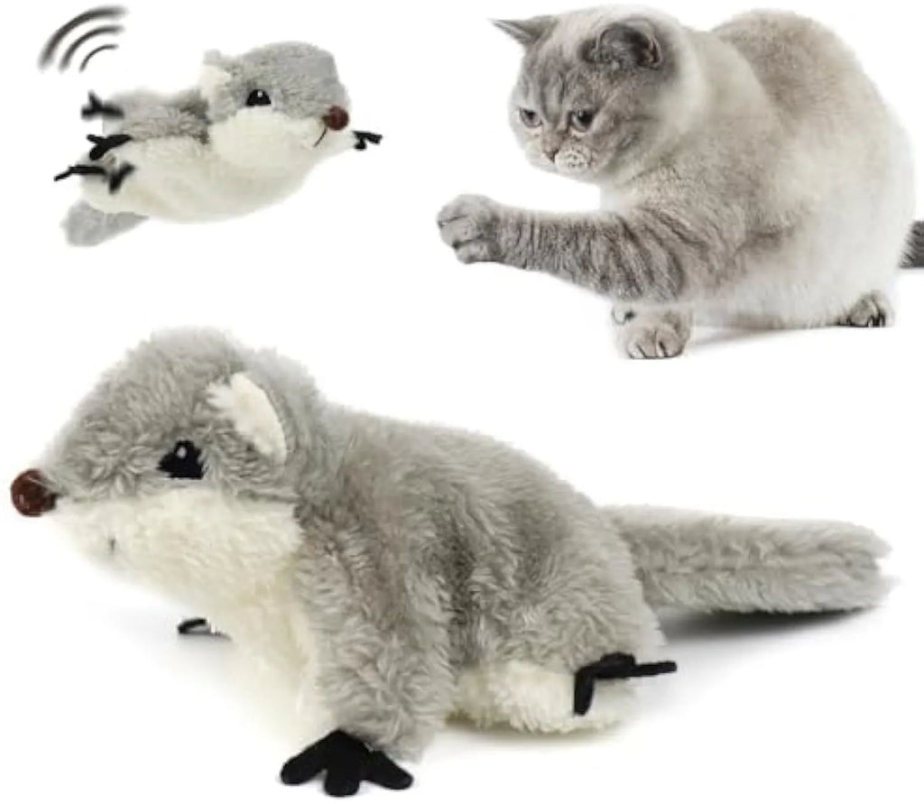 Grey flapping squirrel cat toy with USB charging cable on a plain background