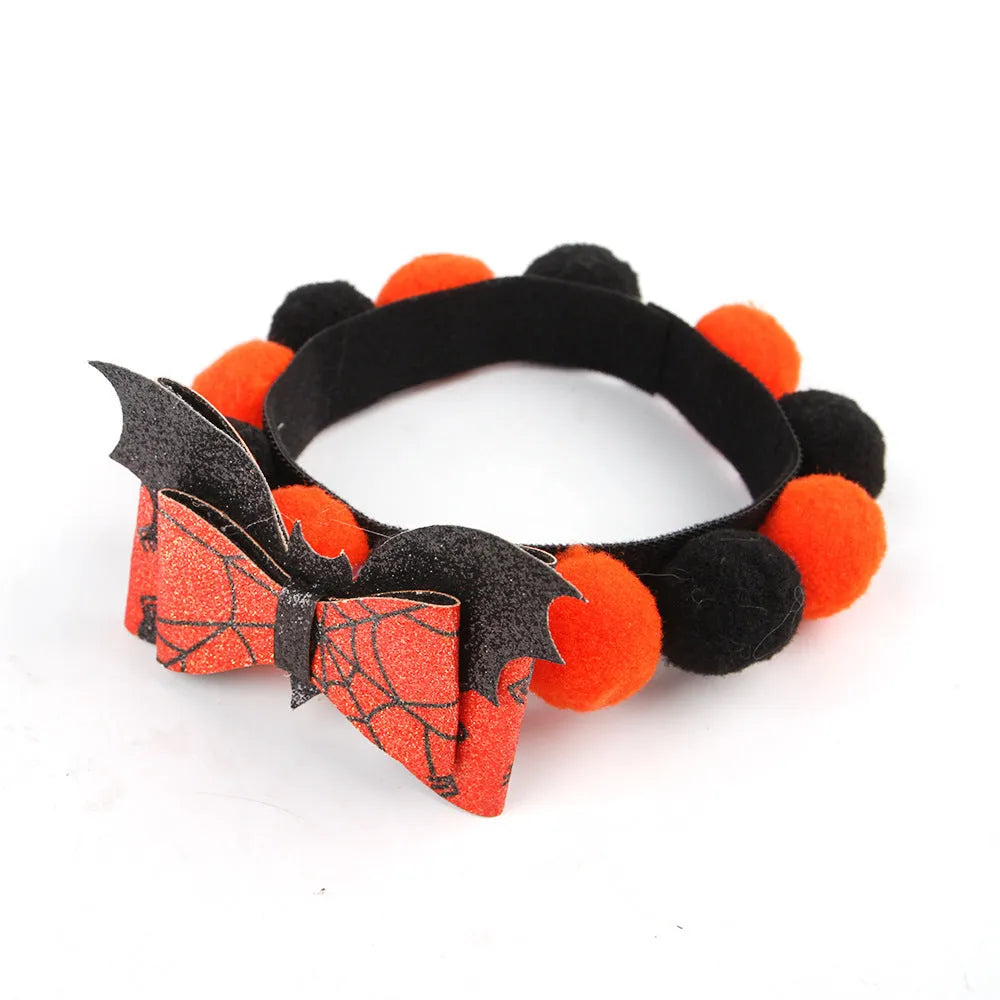 Halloween pet collar with fur ball decorations in pumpkin, bow, skull and witch designs