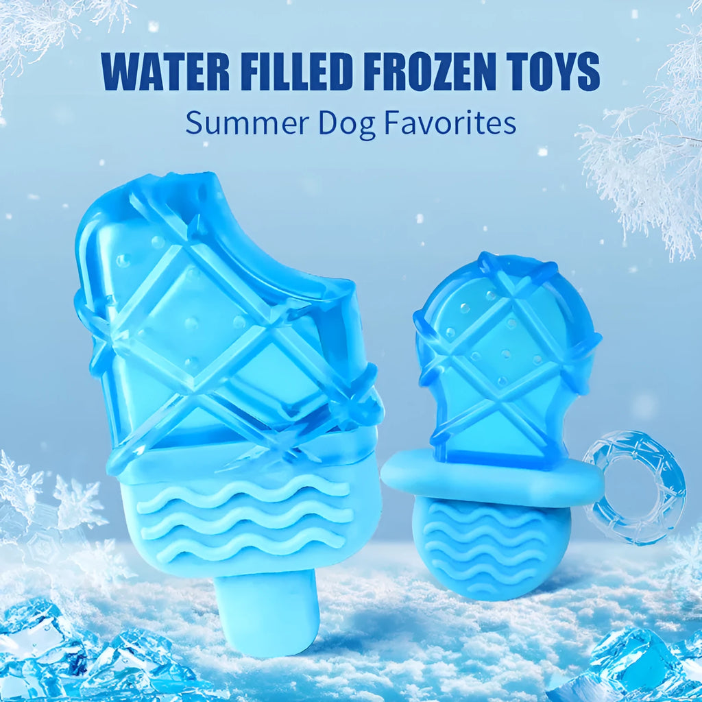 Set of three dog cooling toys: pacifier, popsicle, and ring, designed to be filled with water and frozen.