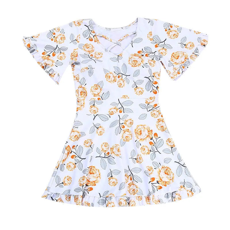 Women's high-waist one-piece swimsuit with floral print in blue and white.