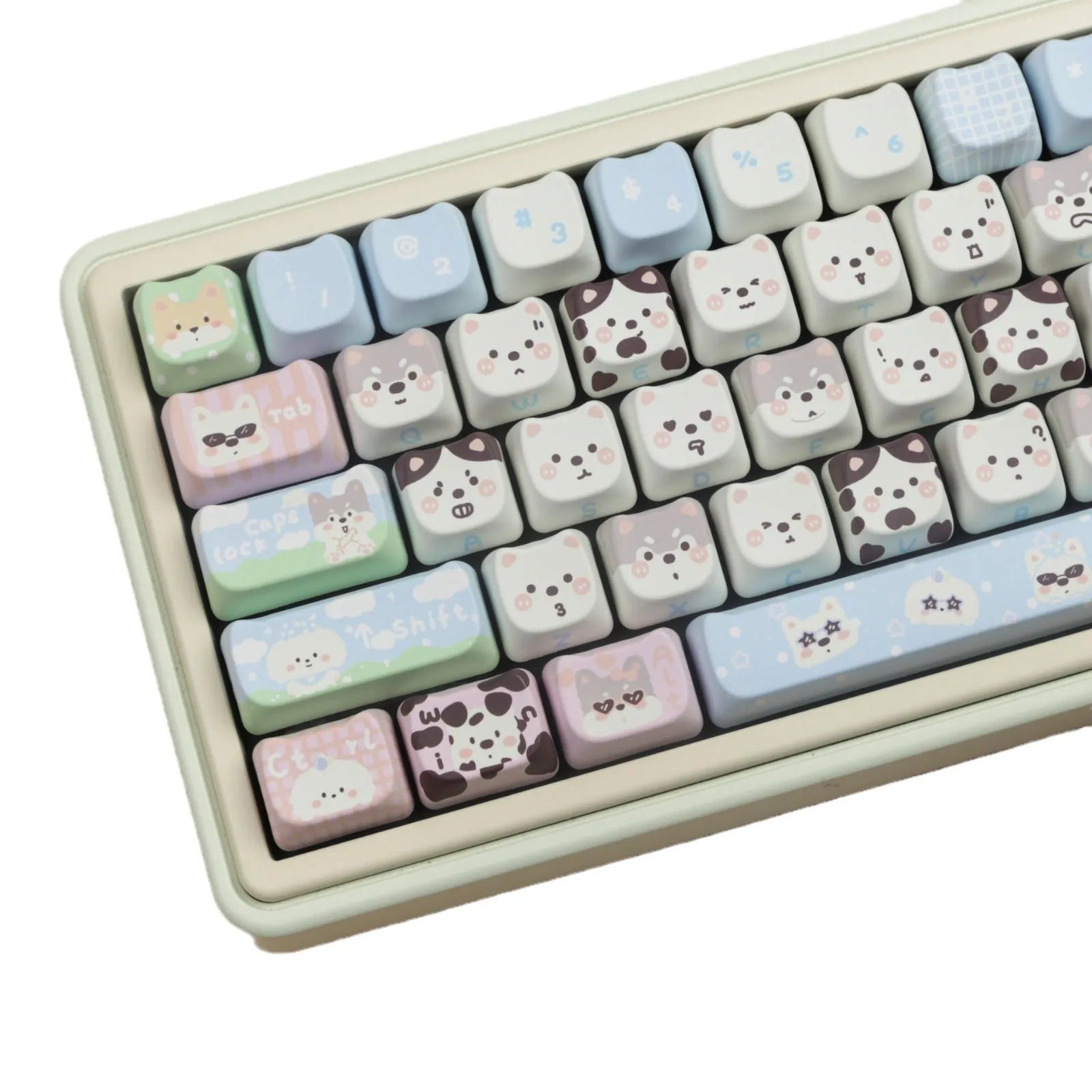 PBT sublimation keycap set showing cat and puppy character designs on mechanical keyboard keys