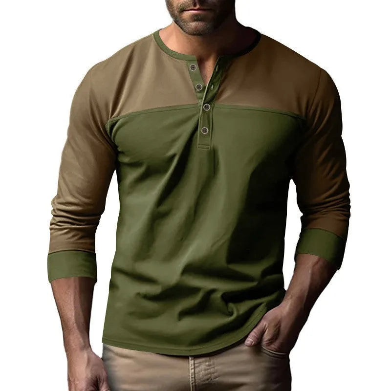 Man wearing a retro-style brown long-sleeve henley collar casual shirt.