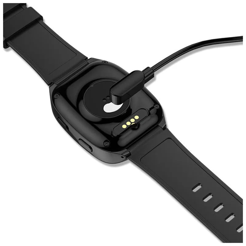 Black GPS location tracker phone watch with touch screen displayed on wrist, showing SOS button and charging cable.