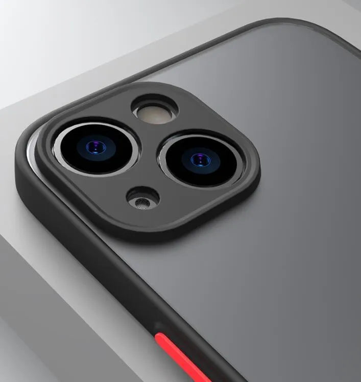 Black frosted hard iPhone case with fine hole skin-sensing design on a table.