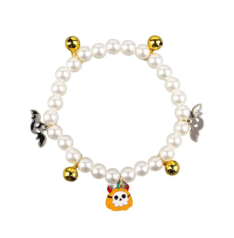 Halloween cat collar with simulated pearl beads in purple ghost pumpkin design