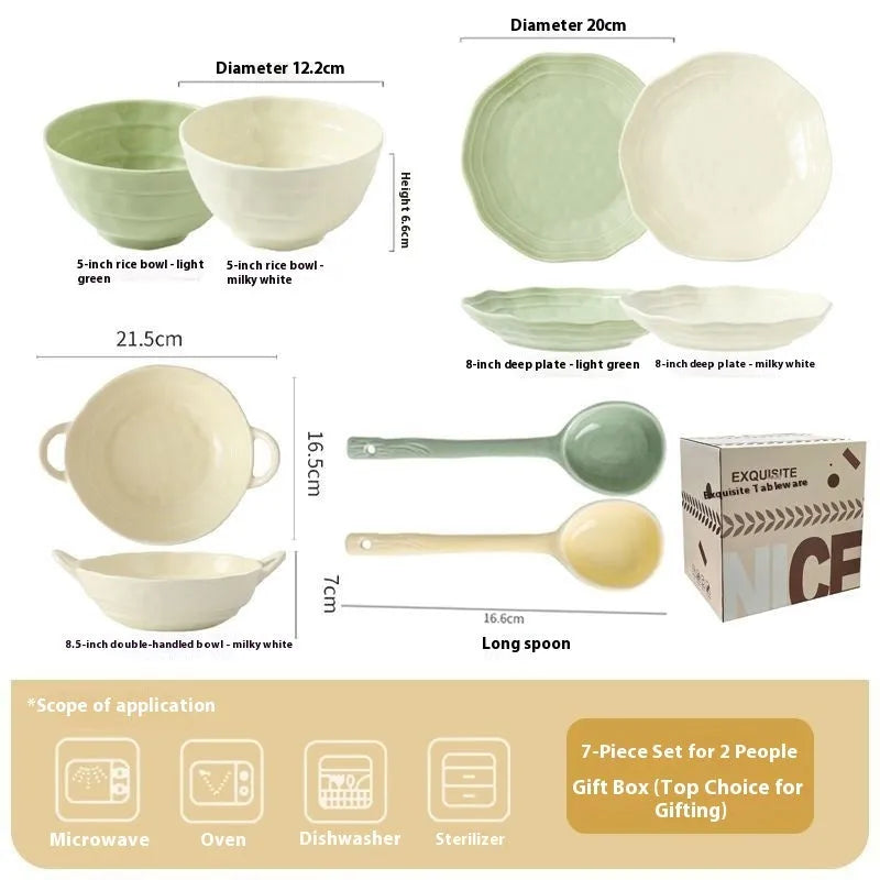 Seven-piece ceramic tableware set in solid colour with modern Japanese style design