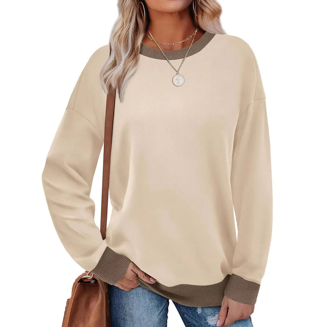 Loose fit round neck striped long-sleeved top for women in khaki, front view