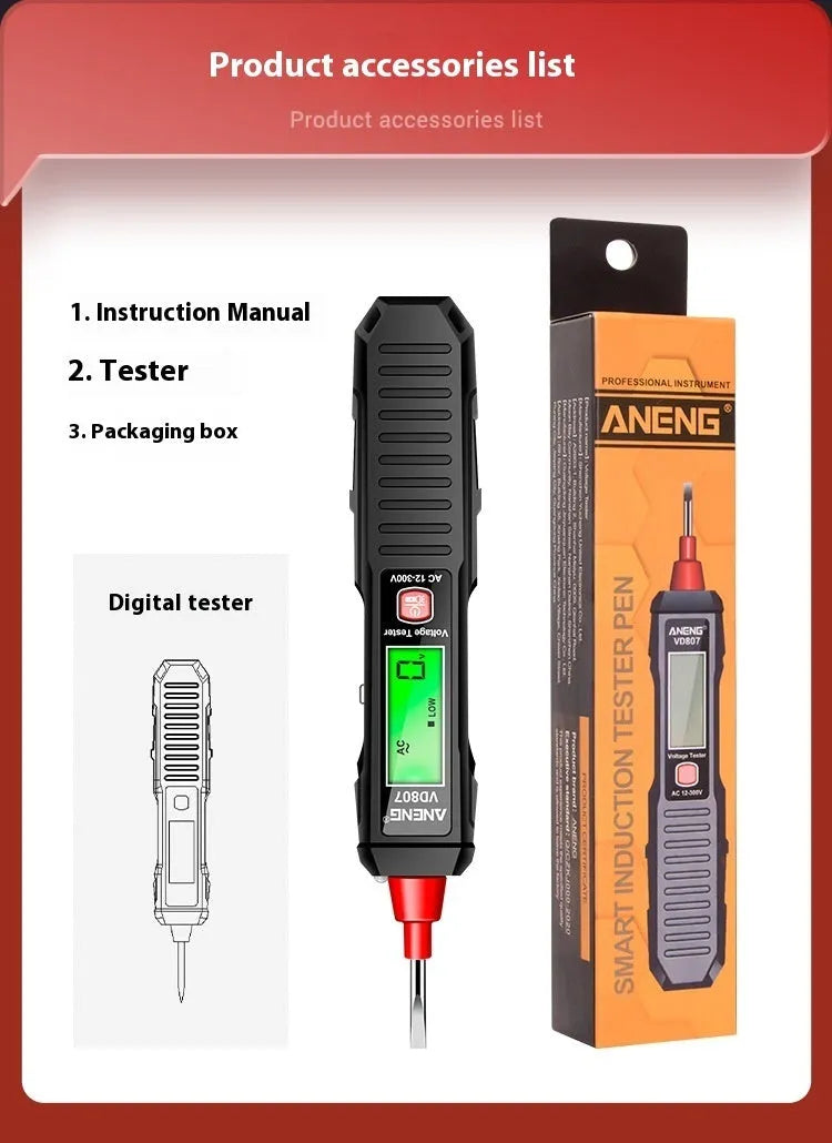 Black digital voltage testing pen with LCD screen showing voltage reading, used for zero line detection.
