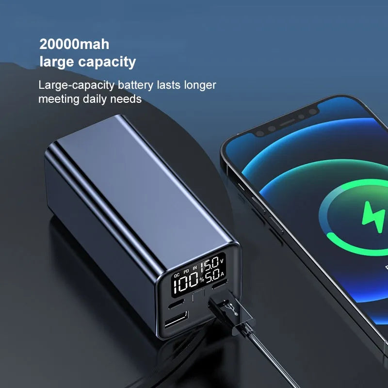Black 65W metal power bank with 20000mAh capacity for charging laptops and phones.