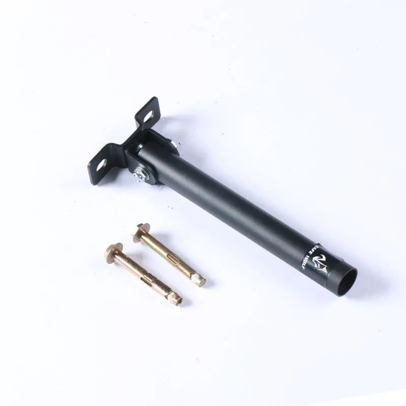 Wall-mounted steel rack with 25 tubes for storing barbells or rods.