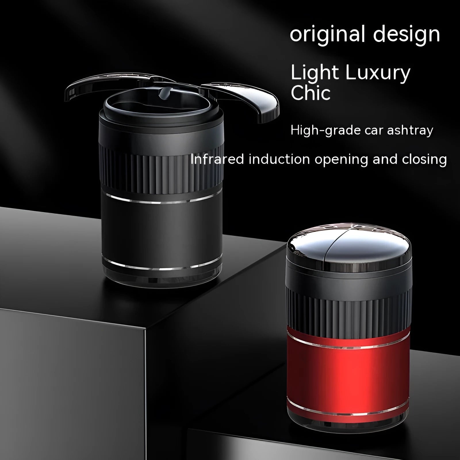 Black metal smart car ashtray with lid showing infrared sensor and touch panel.