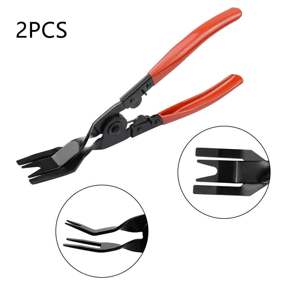 Red handled automotive door panel clip removal tool for General Motors vehicles