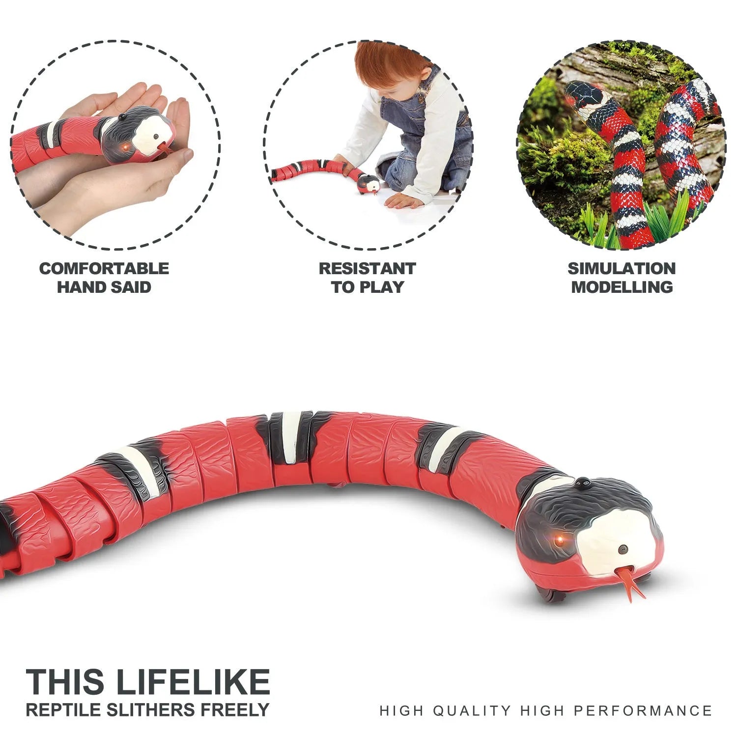 Electronic snake cat toy with realistic cobra design showing segmented body and USB charging port
