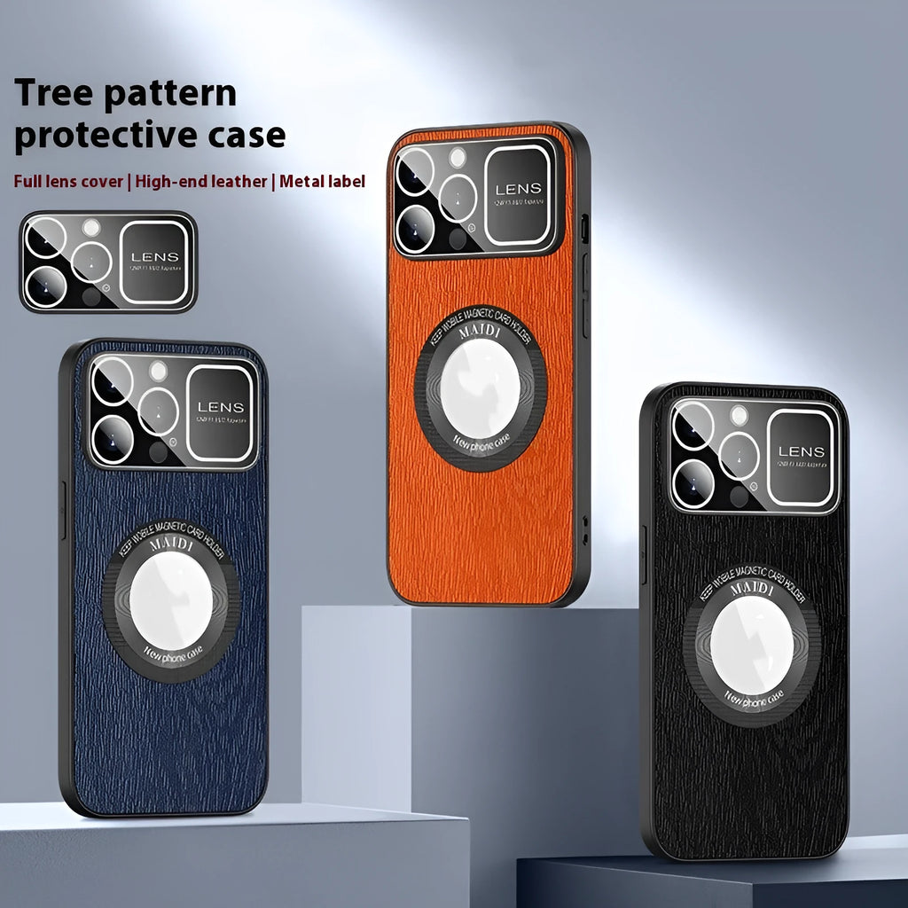 Magnetic phone case with large window and tree pattern, TPU leather, in silver gray, vibrant orange, elegant black, and sapphire blue.