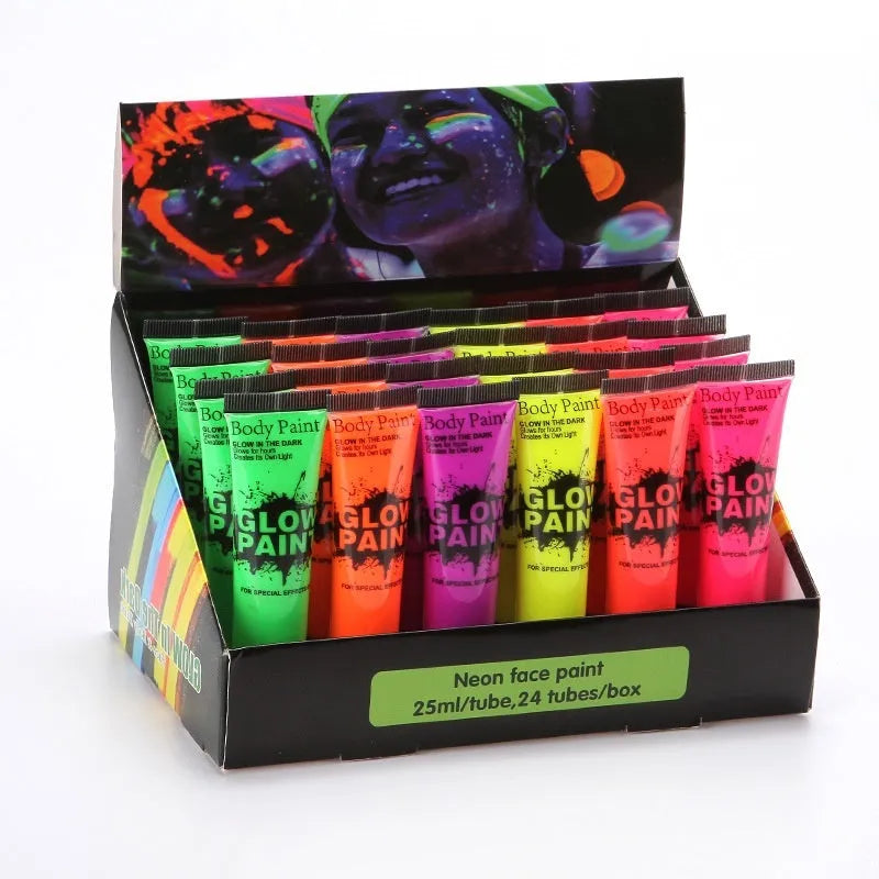 25ml neon face paint tubes in red, yellow, green, purple, orange, and pink colours with safe non-toxic gouache formula