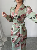 Army green long sleeve printed tie dress with belt, mid-rise waist and pencil style, sizes S to XL
