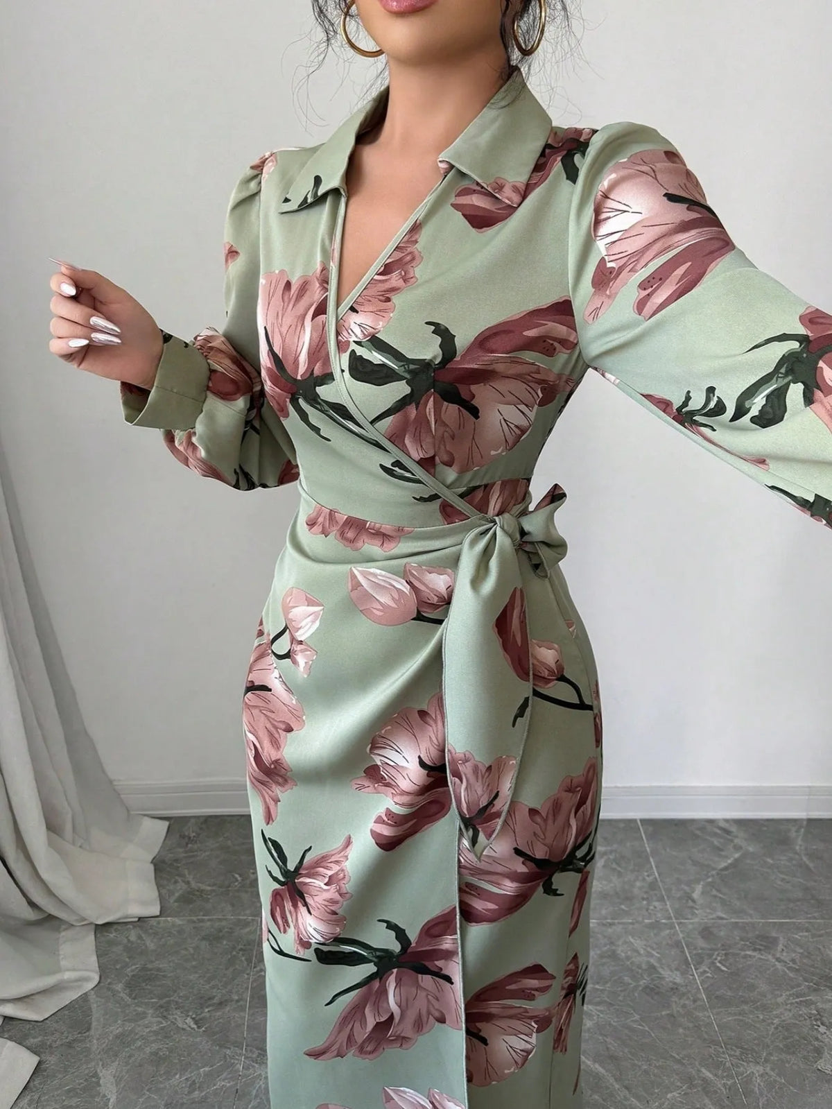 Army green long sleeve printed tie dress with belt, mid-rise waist and pencil style, sizes S to XL