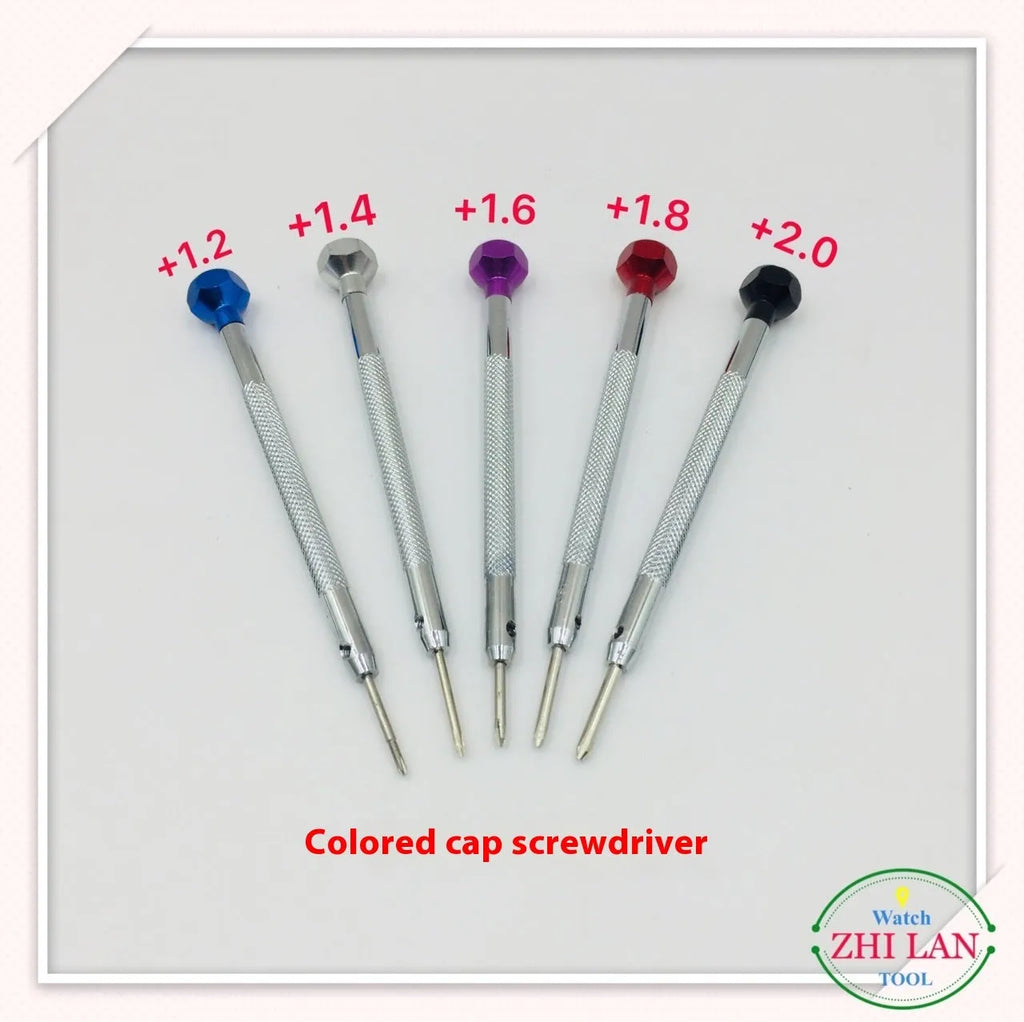 Six colour-coded aluminium handle screwdrivers and a meter repair tool for watchmaking and electronics.