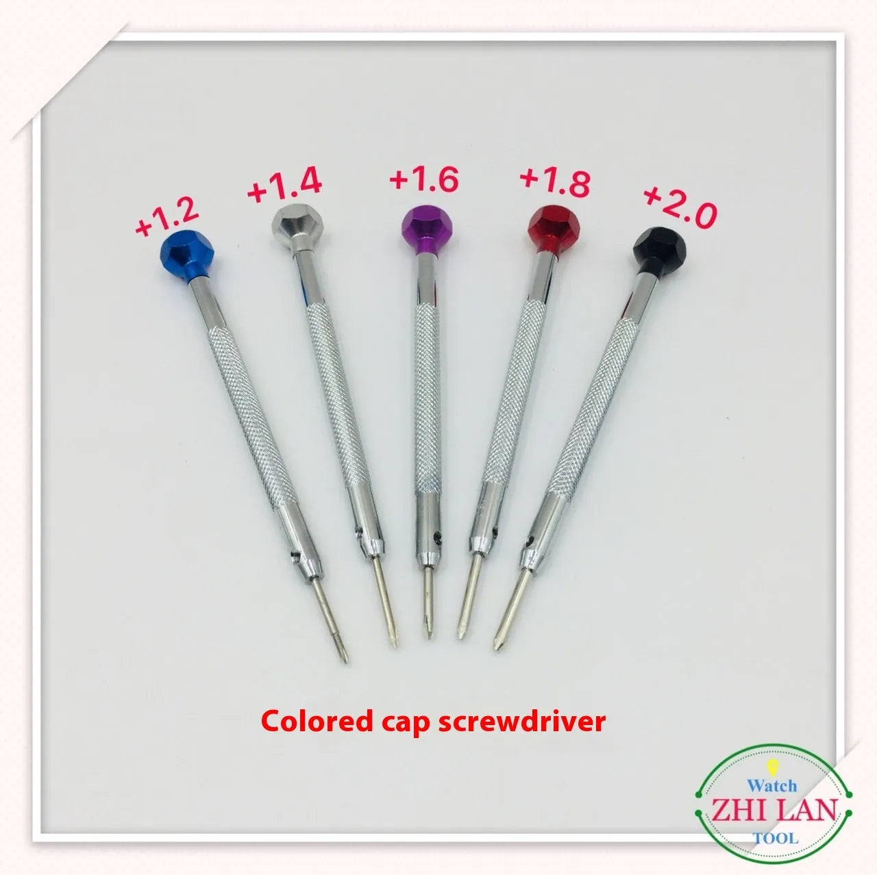 Six colour-coded aluminium handle screwdrivers and a meter repair tool for watchmaking and electronics.