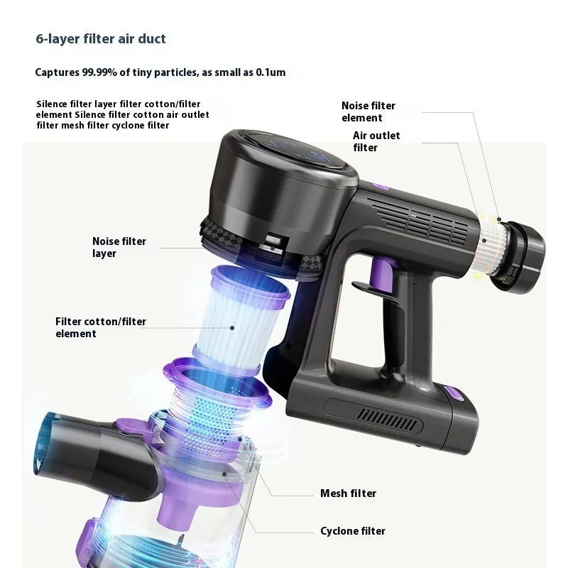 Handheld vacuum cleaner with brushless motor, foldable design, black and purple standard colour