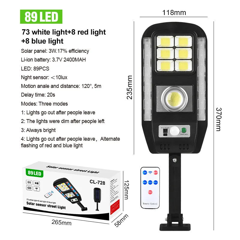 Outdoor solar street light with colourful warning, COB 20W, IP65, remote control solar garden light