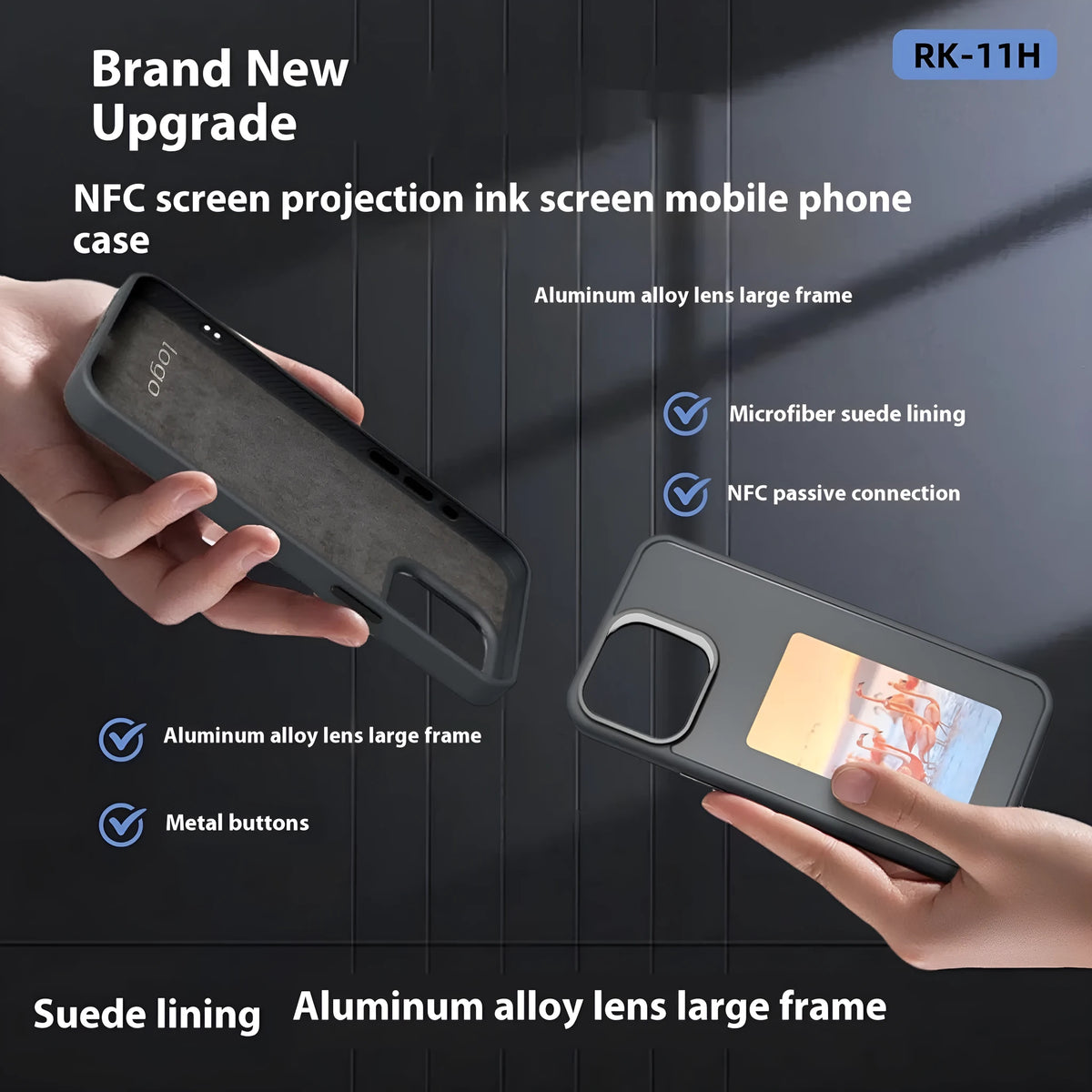 TPU phone case with pattern e-ink screen projection for Apple iPhone 13-16, available in black white gray pink blue