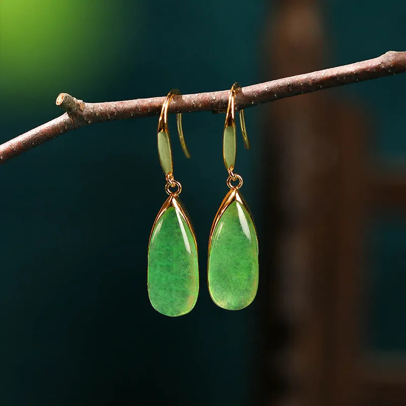 Chinese style geometric copper earrings with water droplet design in jade colour
