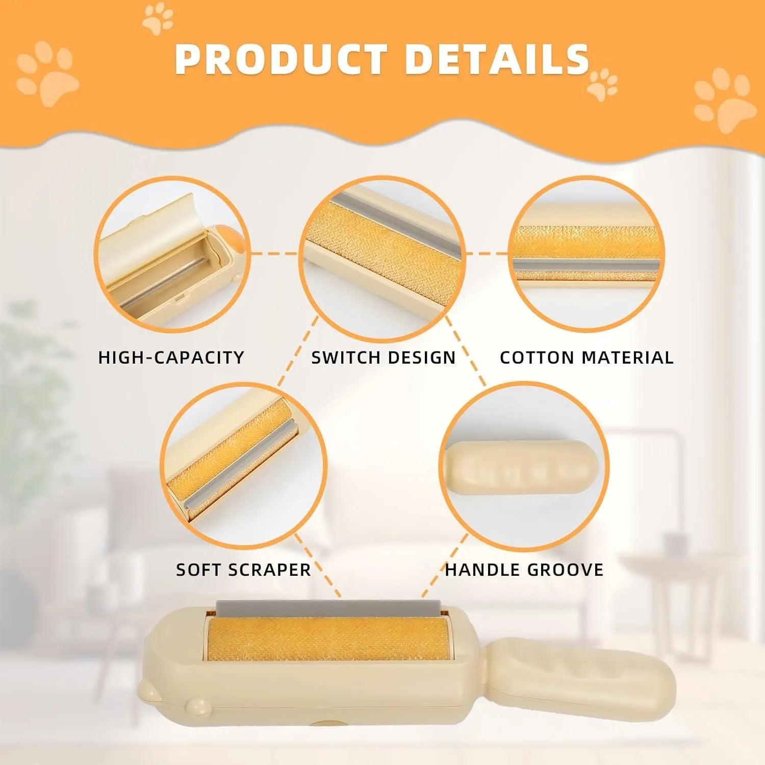 Blue reusable pet hair remover tool with a self-cleaning base on a fabric sofa.