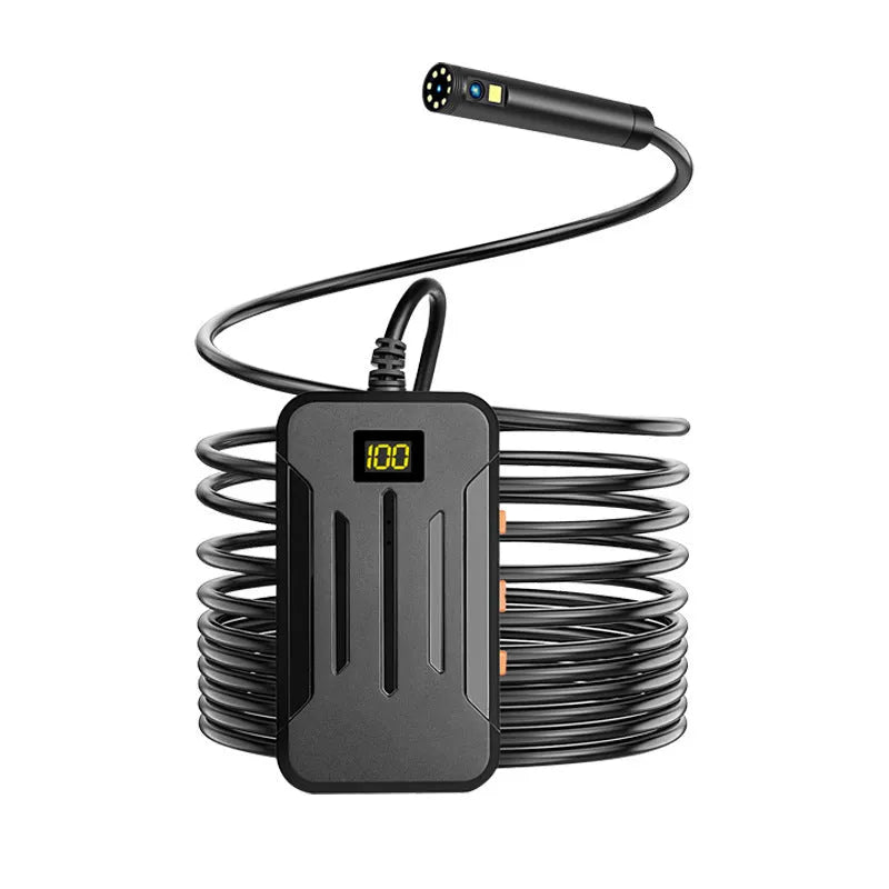 F300 wireless endoscope with dual 5.5mm and 8mm cameras, magnet, hook, and 20m cable on a smartphone display.