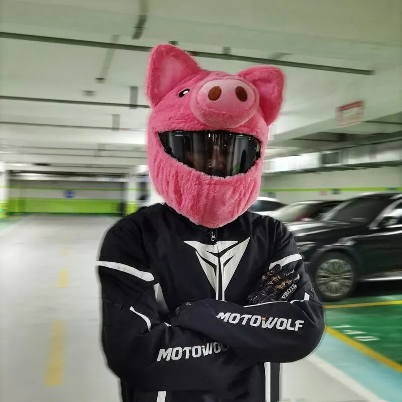 Pinkpig coloured plush helmet protective hood for motorcycles made from pv velvet cloth.