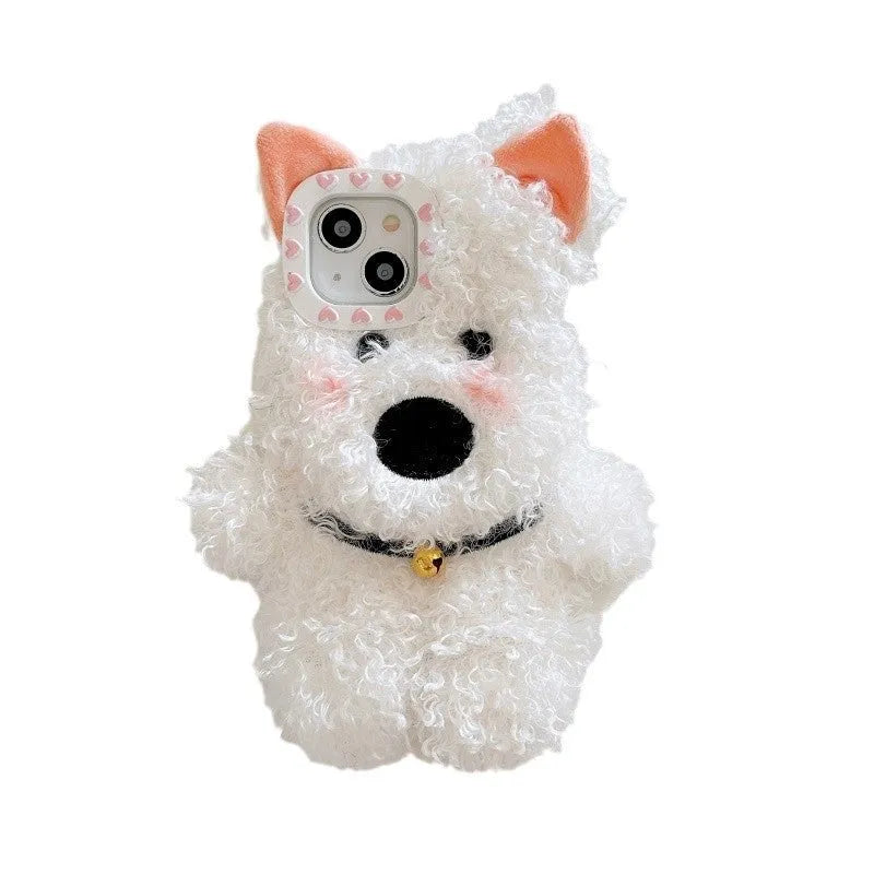 White plush West Highland puppy phone case and earphone sleeve in flannel with furry cartoon design