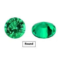 Collection of polished green cultivated emerald gemstones in various shapes and sizes on a white background.