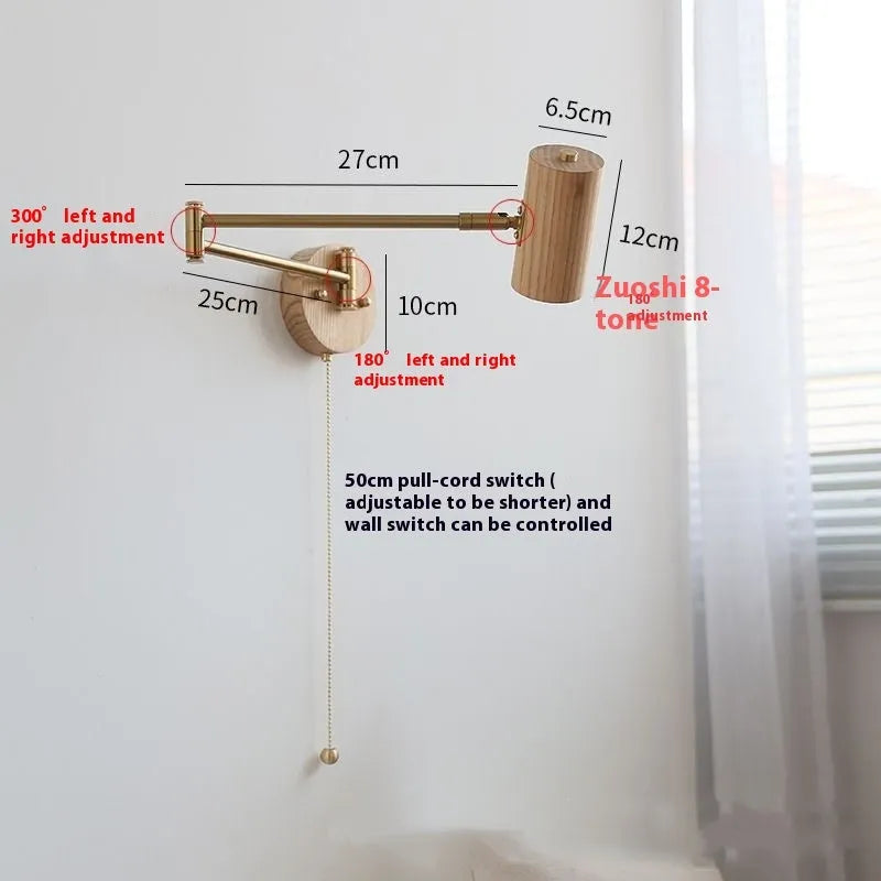 Retro wooden wall lamp with rotating spot light head and long arm, showing cord with built-in switch.