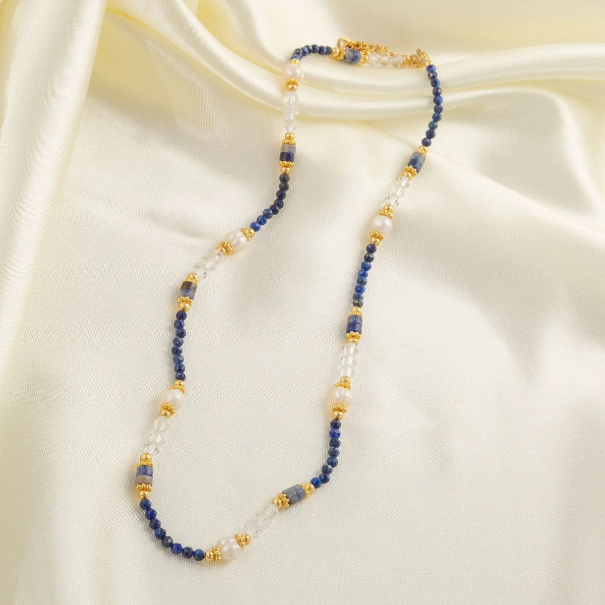 Women's Chinese retro natural stone pearl crystal necklace with adjustable chain, blue natural stone stringed pearls style