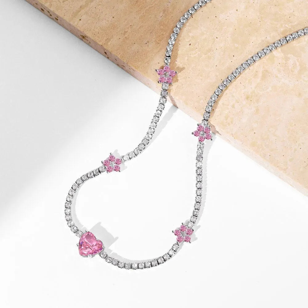 925 sterling silver tennis necklace with heart-shaped pendant for women, electroplated finish