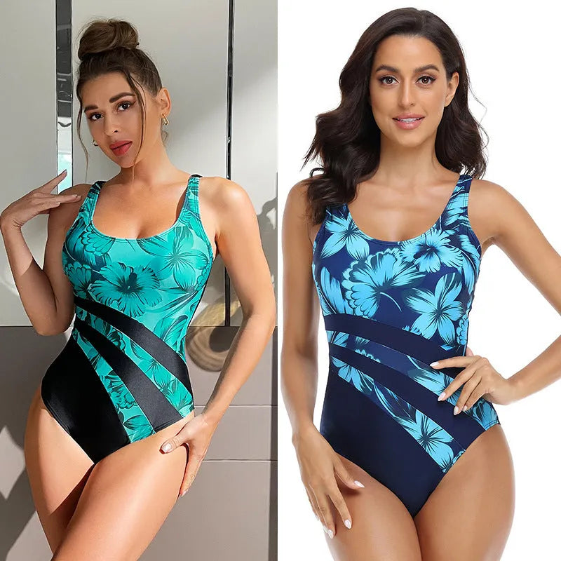 Women's conservative one-piece swimsuit with printed pattern in chemical fibre blend fabric