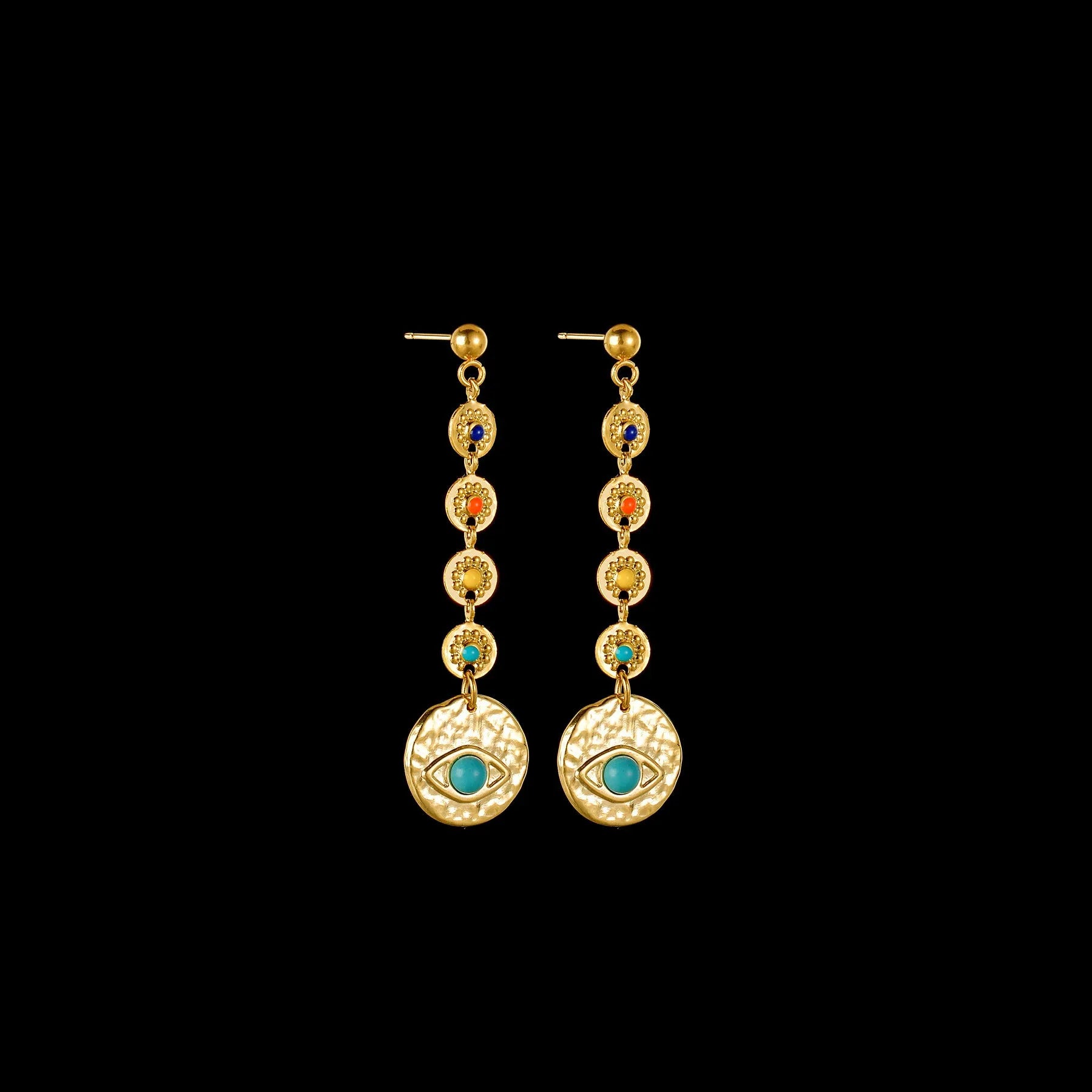 Stainless steel geometric earrings with decorative star, eye or sun patterns