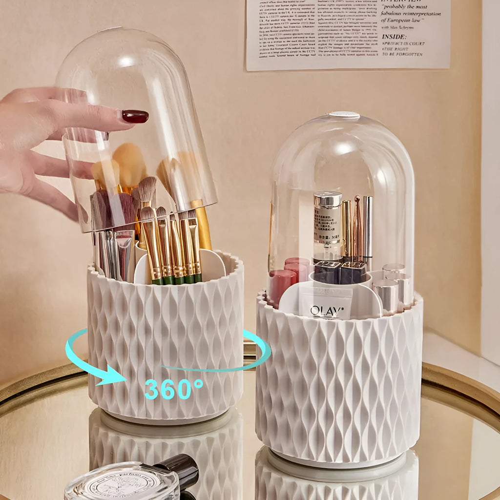 White rotating transparent acrylic makeup brush storage box with dustproof lid on desktop