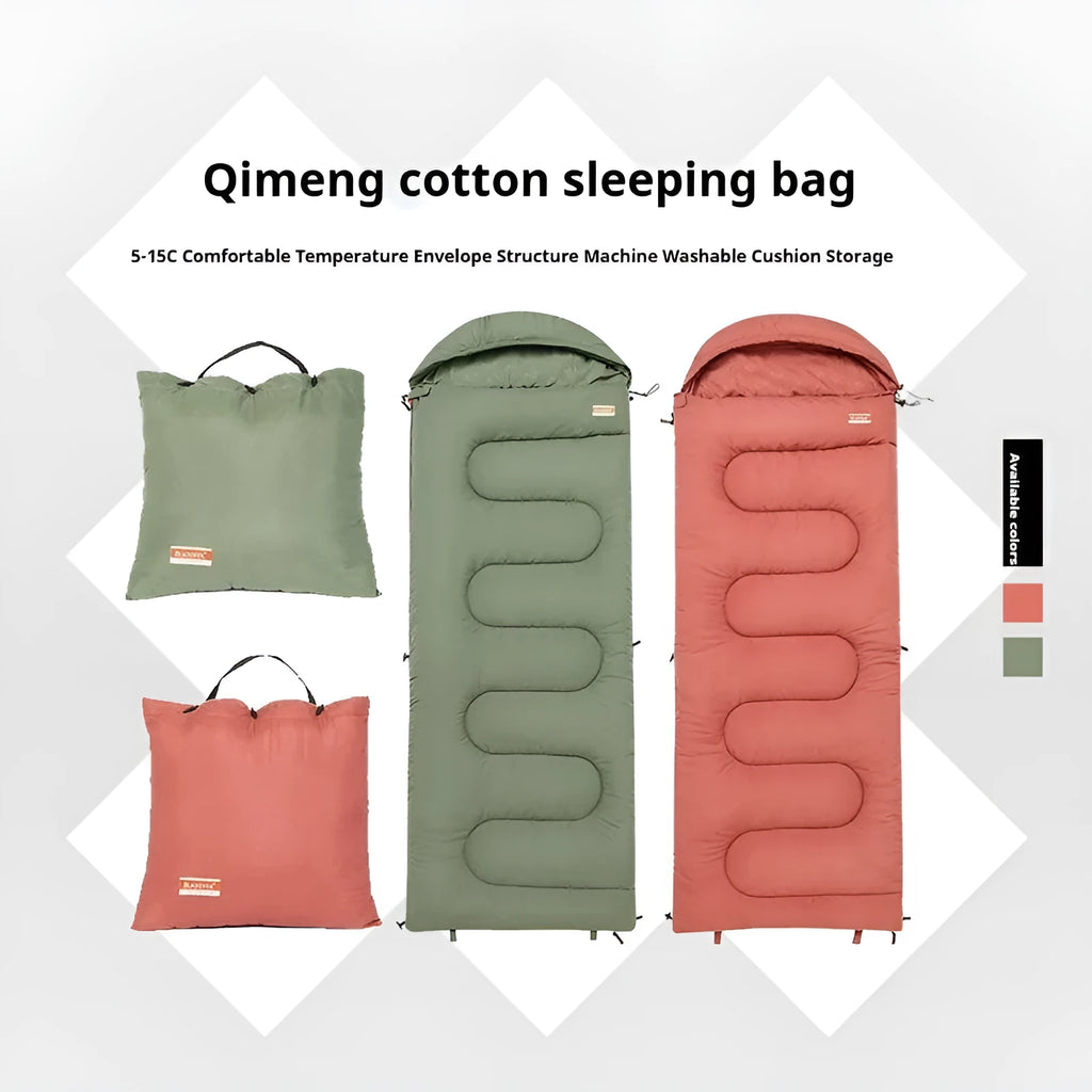 Ochre and olive green ultra-light cotton camping sleeping bag laid out flat.