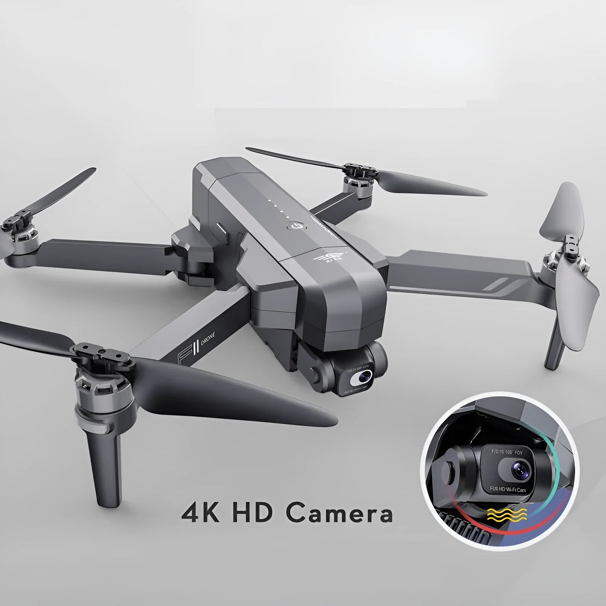 Black plastic drone with 4K three-axis anti-shake gimbal, GPS return, 3 km range, 30-50 cm size