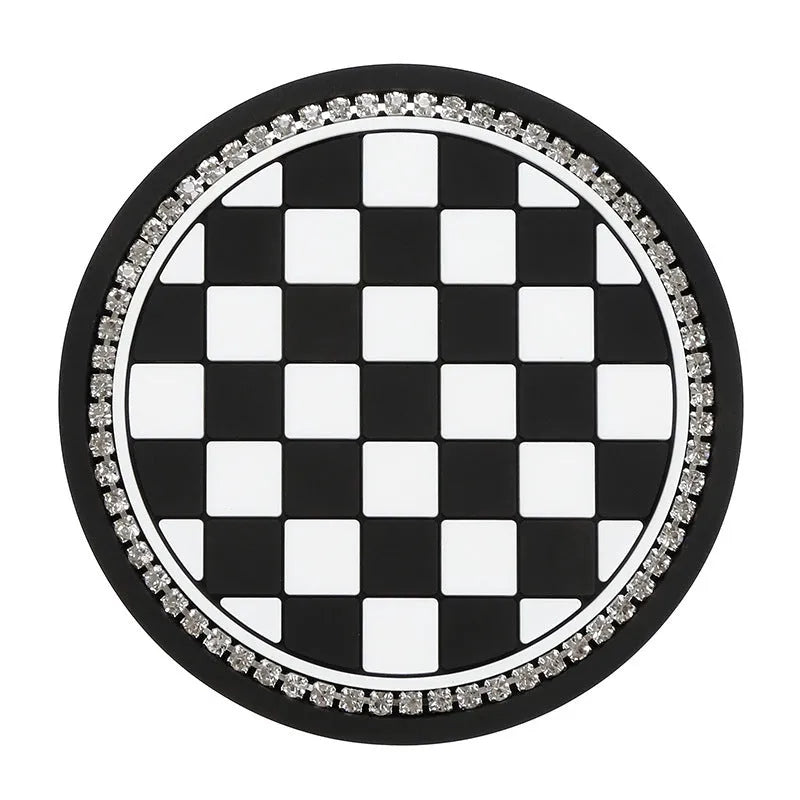 PVC plastic car cup holder mat coaster in black and white checkerboard pattern.