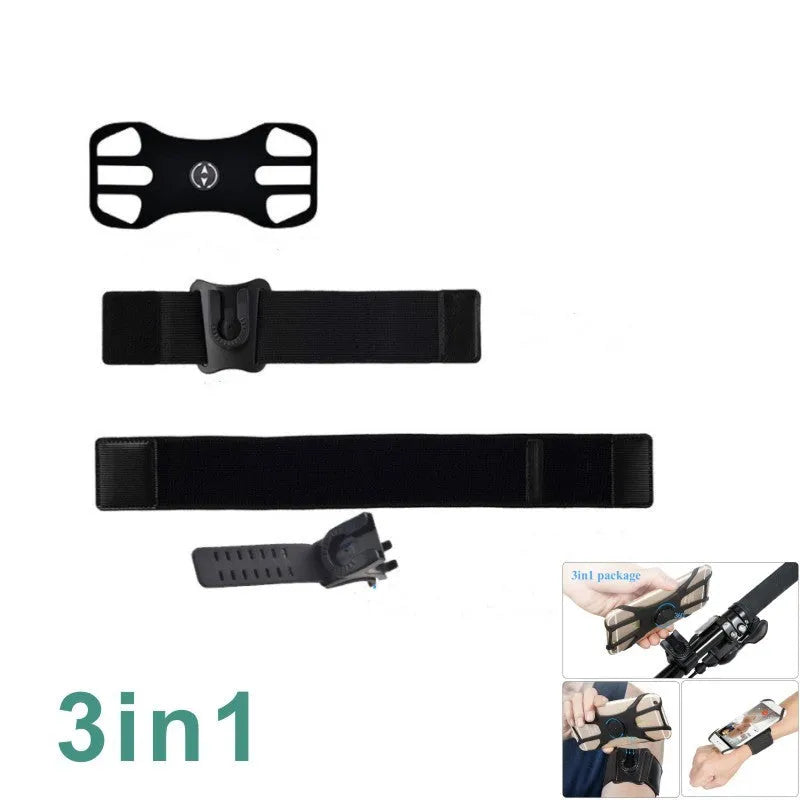 Black detachable swivel sports phone case with armband, wristband, and bicycle stand base on white background