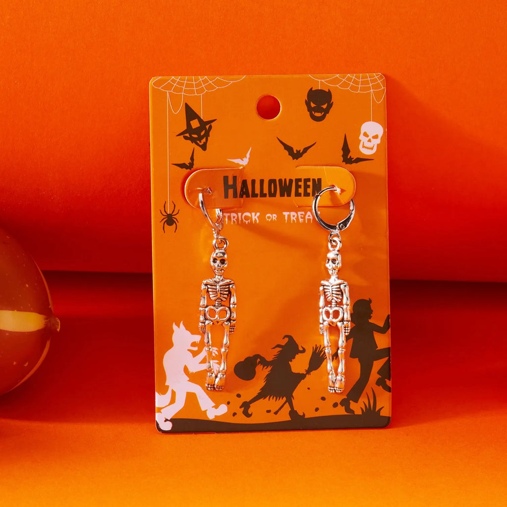 Long skull fringe earrings in electroplated alloy with pumpkin skull charm, women's dangle style, one pair