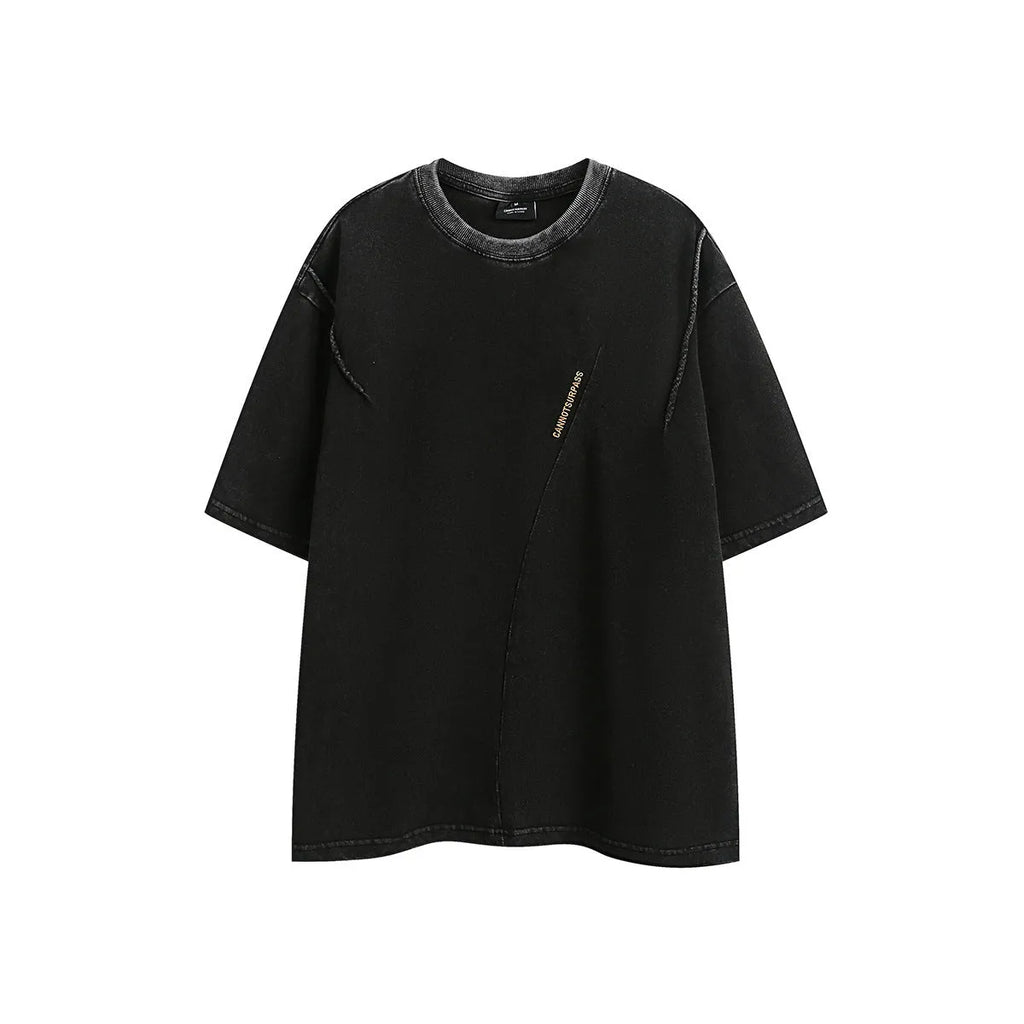 Purple and black loose-fit embroidered retro short-sleeved cotton t-shirt laid flat.